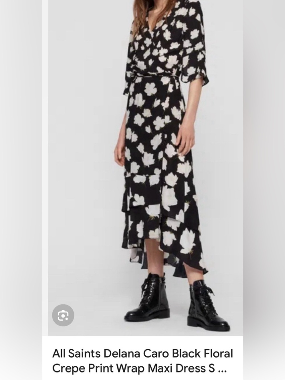 AllSaints Black and White Floral High-Low Wrap Dress